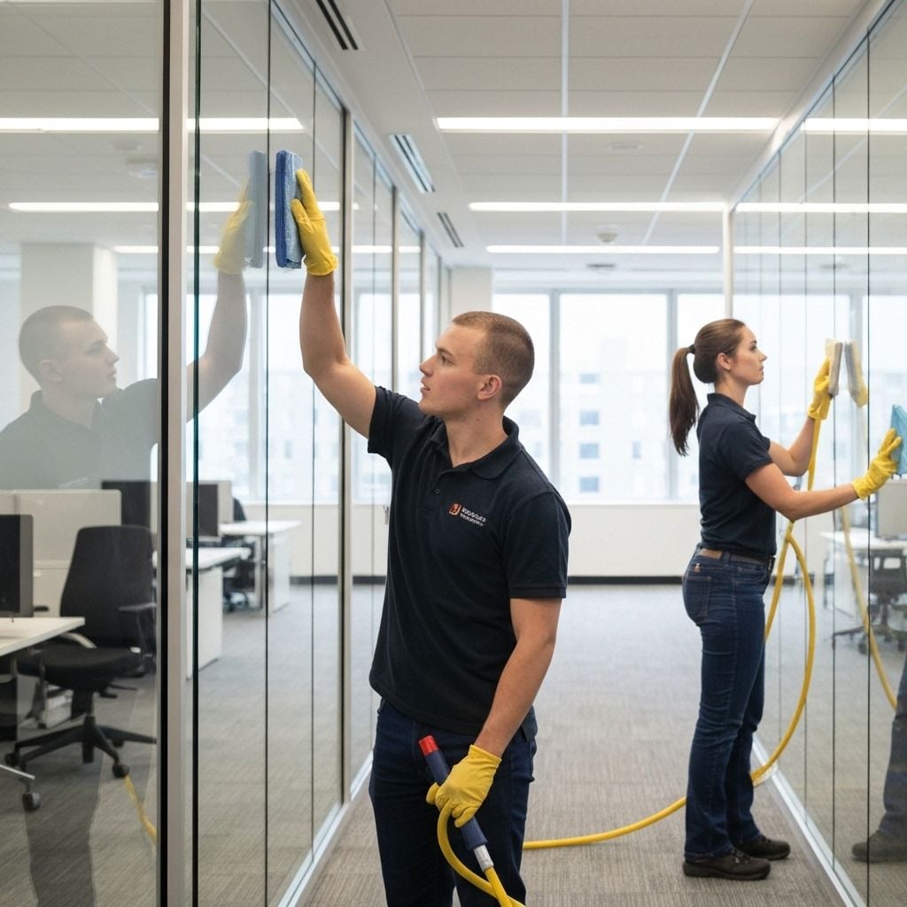Professional commercial cleaning team in office